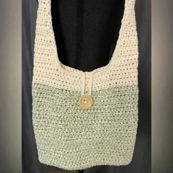 Green and Cream Hand Crocheted Shoulder Bag - Picture 2 of 3